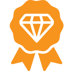 Orange badge with diamond icon design.