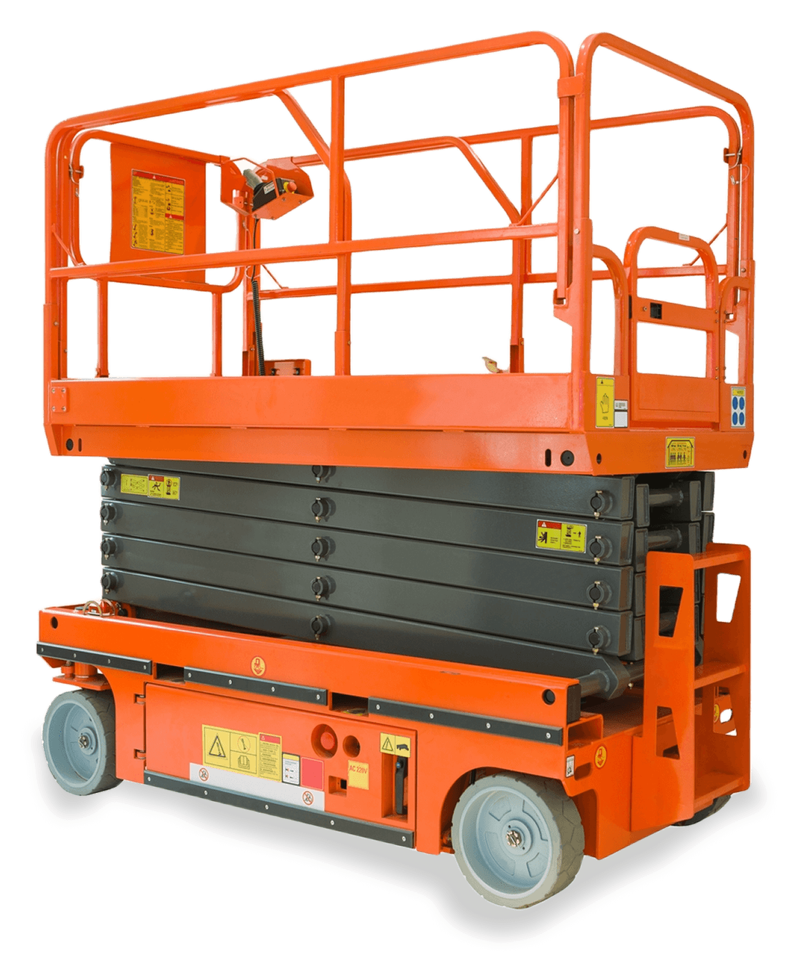 Orange scissor lift platform against black background.