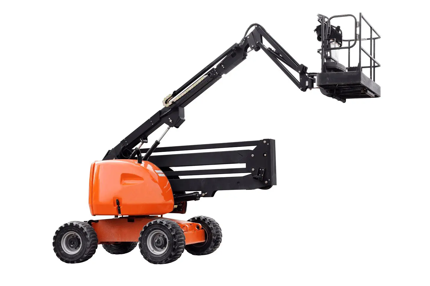 Orange articulated boom lift on white background.