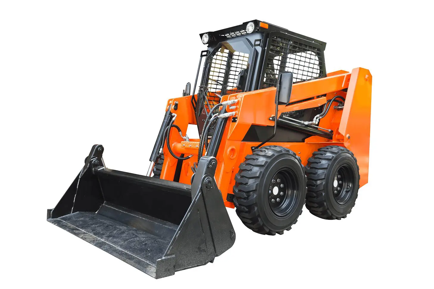 Orange skid steer loader with front bucket.