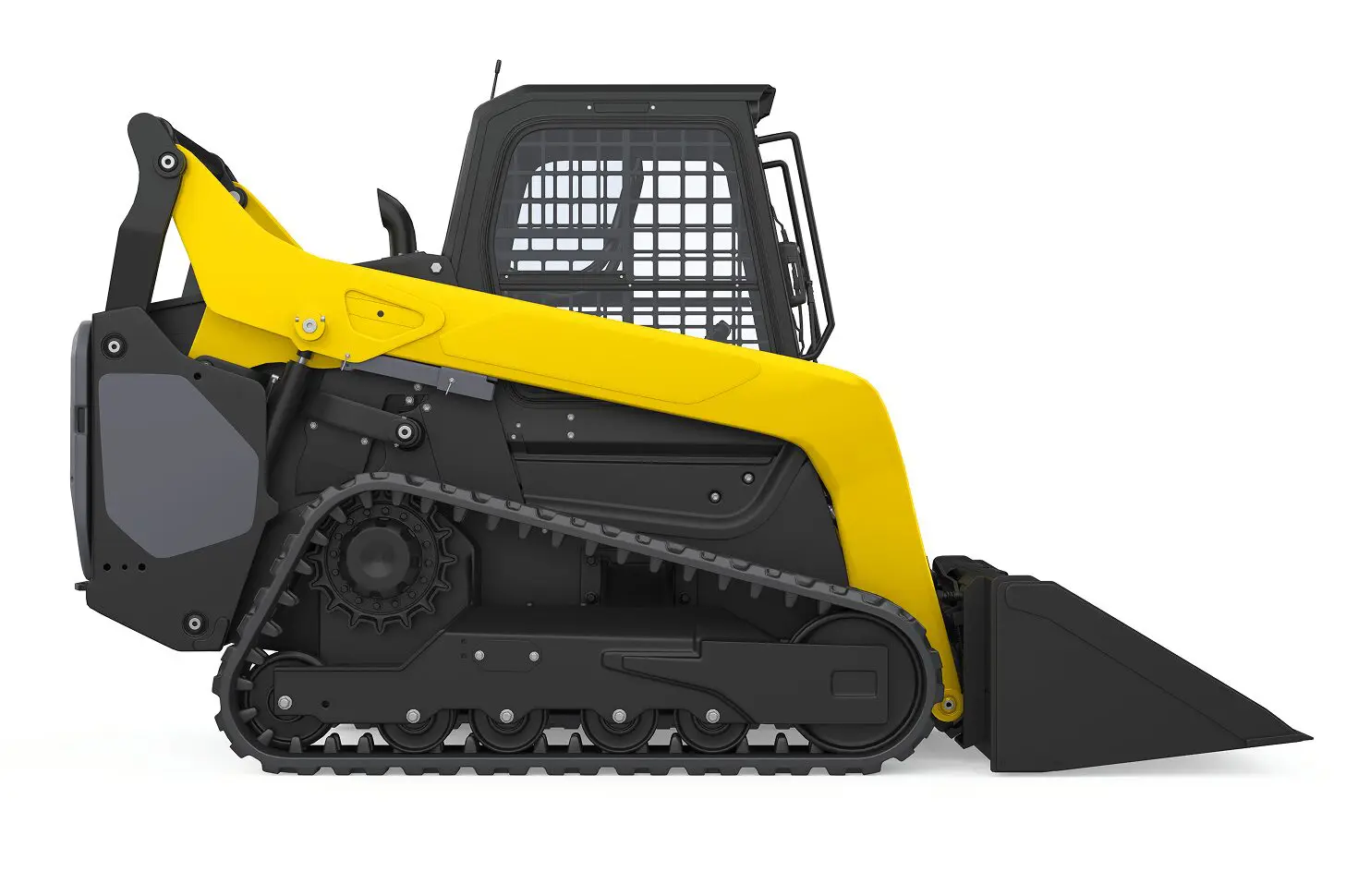 Yellow and black skid steer loader side view.